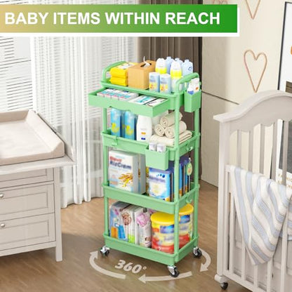 Goovilla 4 Tier Rolling Utility Cart Organizer with Removable Drawer, Stable and Sturdy Green Rolling Storage Carts with 2 Lockable Wheels for Bathroom, Kitchen, Snack, Craft, Makeup, Baby Essentials - size: 4 Tier, style: Green