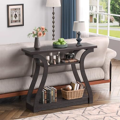 47" Wood Console Table for Entryway, Narrow Sofa Table with 3-Tier Shelves | Curved Legs Farmhouse Hallway Table, Skinny Console Table Behind Couch, Rustic Wooden Entry Table for Living Room (Brown) - color: Dark Brown