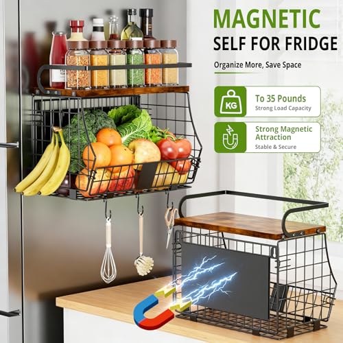Magnetic Shelf for Fridge with Wood Top & Produce Basket – 2-in-1 Magnetic Spice Rack for Refrigerator – Space-Saving Kitchen Organizer for Fruits, Potatoes, and Onions (with Hooks) - size: 1pcs