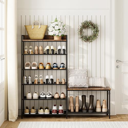 Shoe Rack Bench Storage Organizer for entryway,6-Tier Industrial Free Standing Shoe and Boot Racks with Seat,Entrance Shoe Rack Organizer Shelves for High Heels,Hallways, Closets,Brown,48.7in - size: 6 Tier-brown