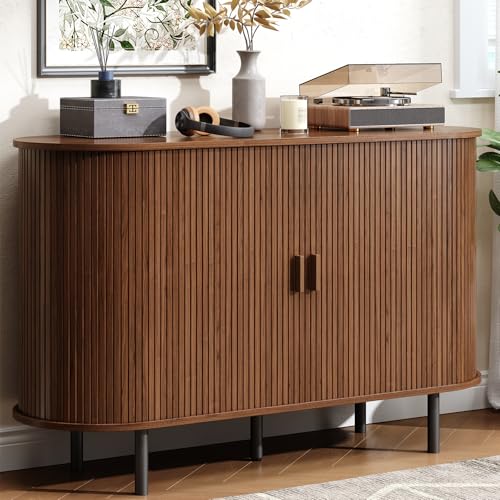 Buffet Cabinet with Storage, Fluted Sideboard Buffet with Sliding Door, Coffee Bar Cabinet with Adjustable Shelf, Console Table, Accent Table for Entryway, Kitchen (Walnut, 48 Inch) - color: Walnut, size: 48 Inch