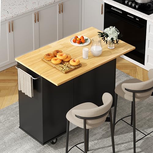 Shintenchi Kitchen Island with Folding Drop Leaf, Rolling Island Table with Storage, Kitchen Cabinet on Wheels with Seating Area for Kitchen, Bar Cart with Cabinet, Black - color: Black