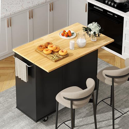 Shintenchi Kitchen Island with Folding Drop Leaf, Rolling Island Table with Storage, Kitchen Cabinet on Wheels with Seating Area for Kitchen, Bar Cart with Cabinet, Black - color: Black