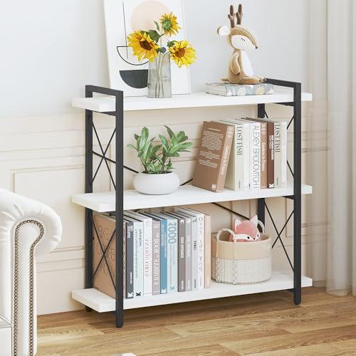 HCHQHS Bookshelf, 3-Tier Industrial Bookcase, Open Book Shelf, Freestanding Horizontal Bookshelves with Metal Frame - color: White & Black, size: 3-Tier (35.8"W x 35.8"H)