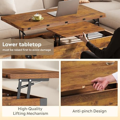 WLIVE 40" Lift Top Coffee Table, 4 in 1 Coffee Tables with Storage, 2 Fabric Drawers, LED Light and USB, Modern Coffee Table with Hidden Compartment for Living Room, Dining Room, Rustic Brown - color: Rustic Brown