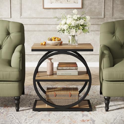 Tribesigns Side End Table with 3 Storage Shelves, Industrial Sofa Table with Round Metal Frame for Living Room, Engineered Wood Nightstand for Bedroom, Oak - color: Oak