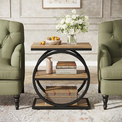 Tribesigns Side End Table with 3 Storage Shelves, Industrial Sofa Table with Round Metal Frame for Living Room, Engineered Wood Nightstand for Bedroom, Oak - color: Oak