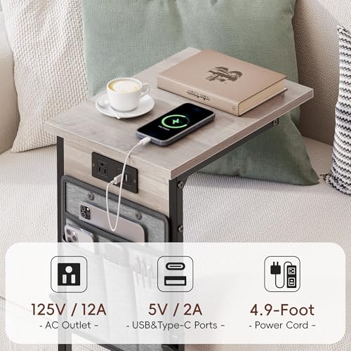 C-Shaped End Tables Set of 2 with Charging Station, 33'' Tall C Table Adjustable Height Side Table, Sofa Table for Couch, Couch Table that Slide Under Sofa, TV Trays for Living Room, Greige - color: 2pc Greige, style: With Plug