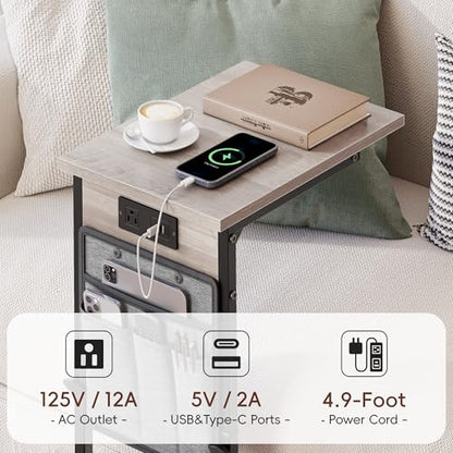 C-Shaped End Tables Set of 2 with Charging Station, 33'' Tall C Table Adjustable Height Side Table, Sofa Table for Couch, Couch Table that Slide Under Sofa, TV Trays for Living Room, Greige - color: 2pc Greige, style: With Plug