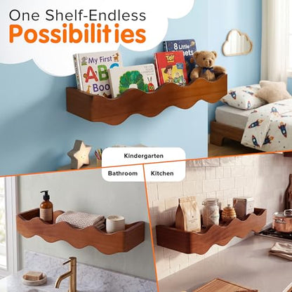 Ovalo Nursery Book Shelves Set of 2 - Solid Pine Wood Nursery Bookshelf, Floating Nursery Shelves for Wall, Wall Bookshelf for Kids Room, No-Assembly Wall Mounted Baby Book Shelf. (Walnut Brown) - color: Walnut Brown