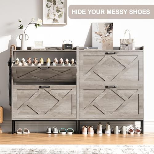 Nicetree Shoe Storage Cabinet with 2 Flip Drawers, Freestanding Shoe Organizer, Shoe Cabinet with Metal Legs, Narrow Shoe Rack Cabinet, Farmhouse Slim Shoe Cabinet for Entryway, Hallway, Rustic Gray - color: Grey