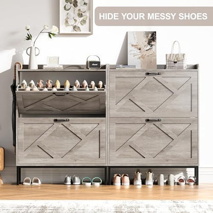 Nicetree Shoe Storage Cabinet with 2 Flip Drawers, Freestanding Shoe Organizer, Shoe Cabinet with Metal Legs, Narrow Shoe Rack Cabinet, Farmhouse Slim Shoe Cabinet for Entryway, Hallway, Rustic Gray - color: Grey