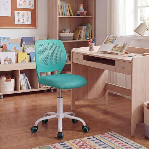 Costzon Kids Desk Chair, Armless Height Adjustable Kids Computer Chair w/Elastic Sponge Filling, Ergonomic Backrest & Stable 5-Point Wheels, Children Rolling Swivel Chair for Studyroom (Turquoise) - color: Turquoise