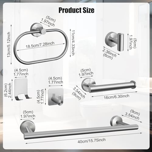 7 PCS Bathroom Hardware Set, Brushed Nickel Stainless Steel Bathroom Tower Rack Set Wall Mounted Includes 16" Towel Bar, Toilet Towel Paper Holder, Towel Ring, 4 Robe Towel Hooks - color: 7pcs-brushed Nickel