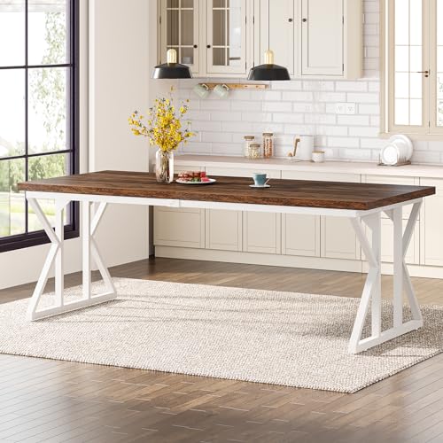 Tribesigns Farmhouse Dining Table for 6-8 People, 78.7-Inch Rectangular Wood Dining Table, Rustic Kitchen Table with Heavy Duty Metal Legs for Dining Room - color: Rustic Brown/White