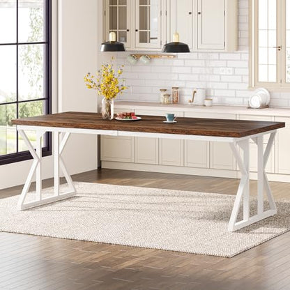 Tribesigns Farmhouse Dining Table for 6-8 People, 78.7-Inch Rectangular Wood Dining Table, Rustic Kitchen Table with Heavy Duty Metal Legs for Dining Room - color: Rustic Brown/White