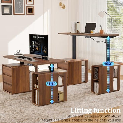 Electric Standing Desk with Drawers, 55" Office Desk Height Adjustable Executive Desk with Storage Shelves, Simple Setup Wood Desk Home Office Stand up Desk for Work, Study, Writing, Walnut - color: Walnut