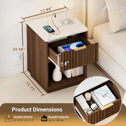 Fluted Nightstand, Night Stand Set 2, Walnut Nightstands Set of 2 with Charging Station and Faux Marble Top, Modern End Table with Drawer & Open Shelf, Bedside Table for Bedroom Living Room - color: Walnut + Faux Marble Top, size: 1 Drawer（18"W）