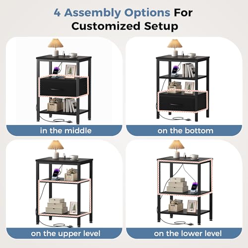 DUMOS Nightstand with Charging Station, Bedside Table with 1 USB-A, 1 USB-C & 2 AC Outlets, Fabric Drawer with Adjustable Open Shelf, Compact End Table for Bedroom, Black - color: Black, size: 15.7"Dx11.8"Wx23.4"H(1 Drawer, 1 Pack)