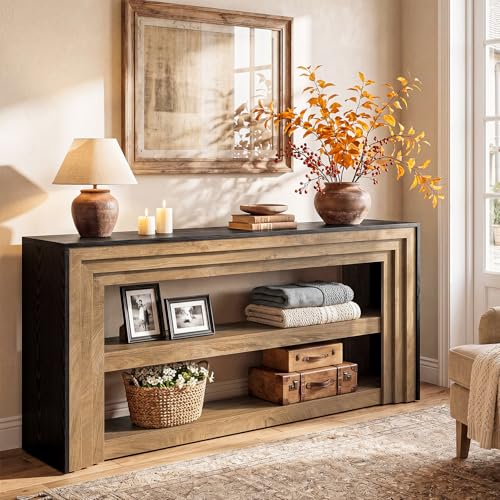 Tribesigns 63" Long Console Table, Farmhouse 3-Tier Entryway Table with Storage, Narrow Wooden Sofa Table Behind Couch, Living Room, Hallway, Foyer, Brown & Black