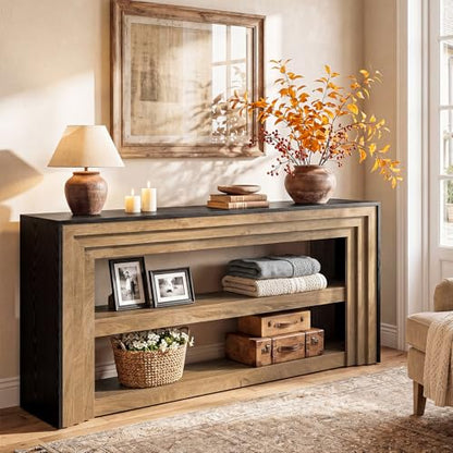Tribesigns 63" Long Console Table, Farmhouse 3-Tier Entryway Table with Storage, Narrow Wooden Sofa Table Behind Couch, Living Room, Hallway, Foyer, Brown & Black