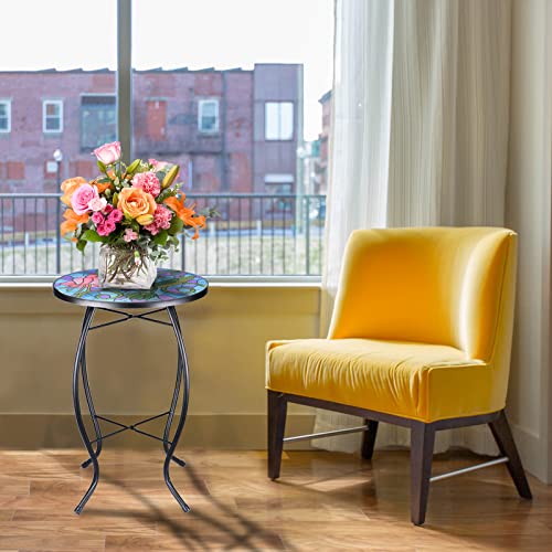 VCUTEKA Mosaic Patio Side Table Outdoor Accent Table Bistro Coffee Table Plant End Table Small Porch Table Indoor Round Glass Balcony Hummingbird Plant Table Stands - color: Hummingbird