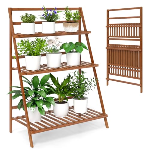 Giantex Folding Bamboo Plant Stand, 3-Tier Flower Pot Rack Display Shelf, Foldable Plants Holder Organizer Storage Shelving for Patio Garden Balcony Home Indoor Outdoor (Brown) - color: Brown