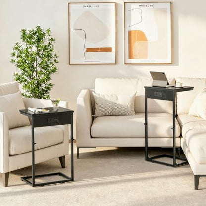 Vagusicc C Shaped End Tables Set of 2 with Charging Station, 33.2'' Tall C Table Adjustable Height Side Table, Small Side Table for Small Spaces, Couch Sofa Table TV Tray for Living Room, Black - color: Black (2 Pack), style: With Plug