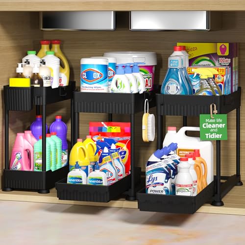 Sevenblue 3-Pack 2-Tier Under Sink Organizers with Sliding Drawers | Multi-use kitchen & bathroom storage, 12.8 inch black cabinet organizer, space-saving sliding drawer design. - color: Black, size: 12.8 Inch