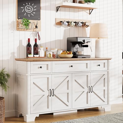 BestHaped Farmhouse Buffet Cabinet with Storage, 55 Inch White Sideboard Buffet Cabinet with Adjustable Shelves & 3 Drawers, Buffet Table Coffee Bar Wine Bar Storage for Kitchen & Living Room - color: White, size: 55 inch
