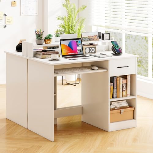 Tangkula White Desk with Drawer & Keyboard Tray, Home Office Desk with Built-in Charge Station & Adjustable Shelf, Study Writing Table with Hutch, Modern Computer PC Workstation