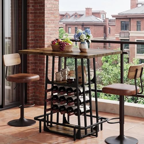Tribesigns Bar Table, Industrial Counter Height Pub Table, Black and Brown | with Glass Holder and Wine Storage,3-Tier Cocktail Table, Home Bar Unit with Metal Footrest for Kitchen, Bistro, Dining Room