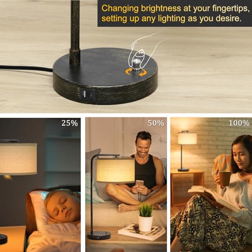 Seaside village Bedside Table Lamp with USB C+A Charging Ports, Fully Dimmable Industrial Tall Nightstand Reading Desk Lamp for Bedroom, Living Room, Office, 9W LED Bulb Included - color: Black with Brushed Gold
