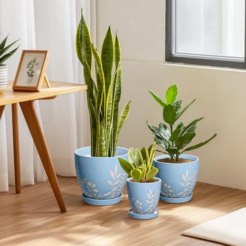 10 Inch Large Ceramic Plant Pot with Saucer - Round Planter with Drainage for Indoor Outdoor Plants, Boho Flower Pot, Home Office Room Garden Decor, Housewarming Gift, Blue - size: 10 Inch
