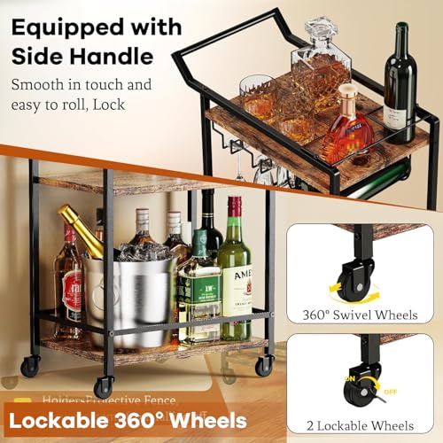 LOTEYIKE 3 Tier Bar Cart, Mini Liquor Utility Cart for Wine Beverage Dinner Party, Rolling Wine Coffee Drink Serving Cart with Lockable Wheels for Home Kitchen Bars (Rustic Brown) | Rolling Wine Coffee Drink Serving Cart with Lockable Wheels for Home Kitc