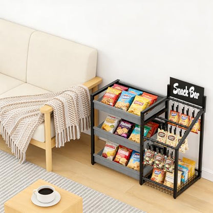 3-Tier Snack Organizer with 18 Clips, Large Capacity Snack Rack | Snack Cart for Kitchen Office Store Party Countertop, Matte Black Metal & Oxford Fabric Snack Storage, Message Board