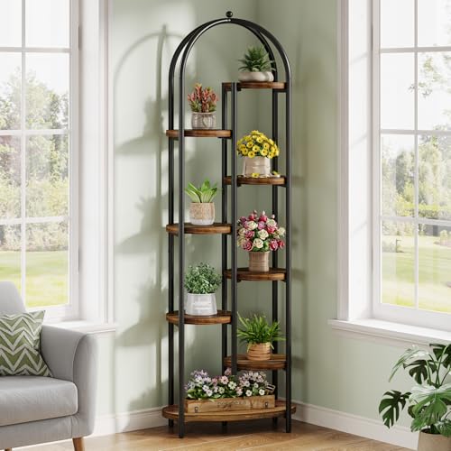 Tribesigns Arch Plant Stand Indoor, 71" Tall Corner Plant Shelf, 8-Tier Plants Stand with Metal Support Frame, Tiered Flower Stands Pot Holder Display Rack for Indoor, Living Room, Patio, Brown & Black
