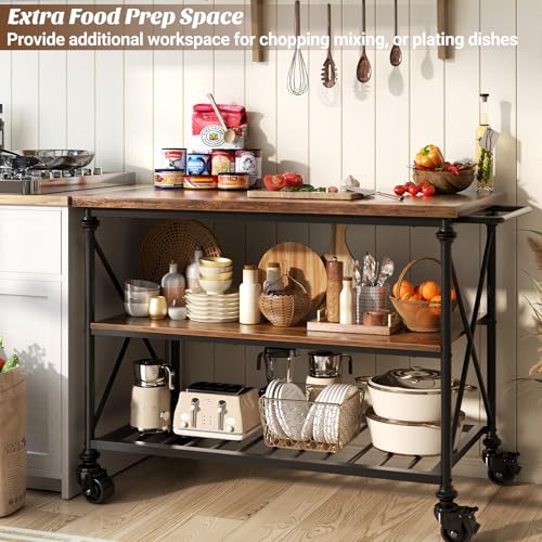 Homieasy Kitchen Island Cart with Wheels, 3-Tier Wood and Metal Rolling Kitchen Island Table with Pipe Legs, Storage Shelves & Lockable Casters for Kitchen Dining Room, Rustic Brown - color: Rustic Brown