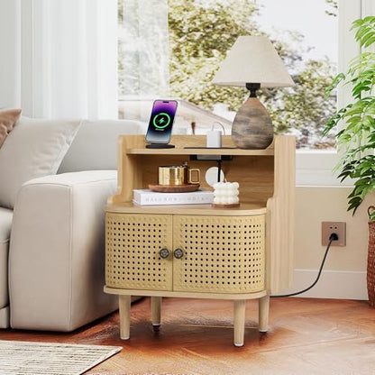 Storage End Table with 2 Door, Bed Side Table with Charging Station, Metal Rattan Nightstand for Bedroom, Desk Side Table for Living Room Couch Sofa, Office, Small Spaces - Natural - size: Door Natural-1pcs