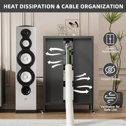 Metal Media Cabinet with 13-Color LED Lights & Swivel Wheels, 4-Tier Stereo Cabinet with Glass Doors, Adjustable Shelves AV Rack with Cable Management, Black - color: Black, style: Swivel Wheels + RGB Lights