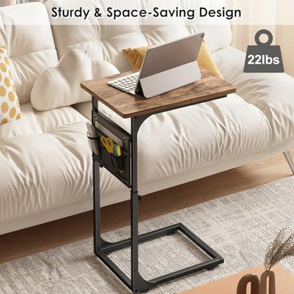 Fixwal C Shaped End Table Adjustable Height Side Table for Couch, TV Tray with Storage Bag Slide Under Sofa Small Tables for Living Room, Bedroom & Office, Rustic Brown - color: Rustic Brown, style: Long Board