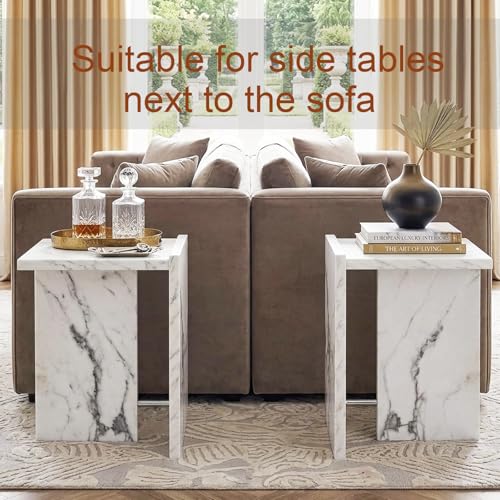 Hyfirm Modern Faux Marble Side Table Small T-Shaped End Table White | Space-Saving Accent Table with Marble Finish Nightstand for Use Beside Sofas in Living Rooms Bedrooms Apartments and Offices - color: White Marble