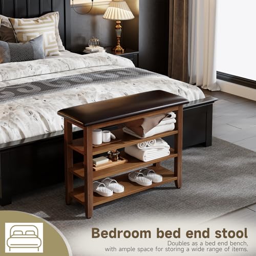 Shoe Bench with Leather Cushion,Rubberwood Bench with Shoe Rack | 3-Tier Shoe Storage Organizer for Entryway,Hallway,Living Room - size: 3-Tier-31.5"