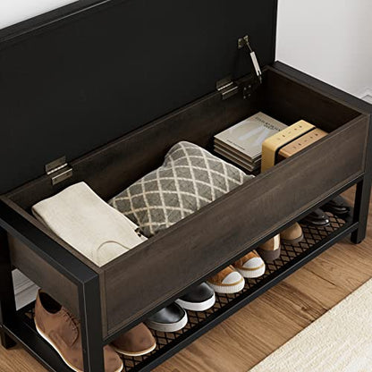 HOSTACK 40" W Storage Bench, Entryway Shoe Bench with Cushion, Dark Brown | Wood Metal Bench with Flip-Open Hidden Storage, Ottoman Bench with Padded Seat & Shoe Rack for Hallway, Bedroom, Living Room - color: Dark Brown