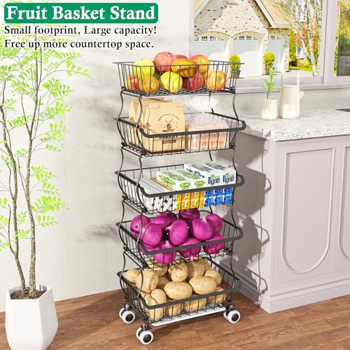 OKZEST 5 Tier Fruit Basket for Kitchen, Stackable Bins Wire Rack with Wheels, Fruit and Vegetable Storage Basket Pantry Food Snack Organizer Shelf, Kitchen Storage Cart for Onion and Potato, Produce | Kitchen pantry organizer rack with dirt catch tray, Ro