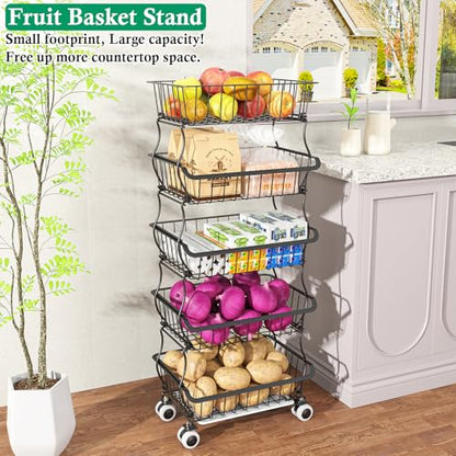 OKZEST 5 Tier Fruit Basket for Kitchen, Stackable Bins Wire Rack with Wheels, Fruit and Vegetable Storage Basket Pantry Food Snack Organizer Shelf, Kitchen Storage Cart for Onion and Potato, Produce | Kitchen pantry organizer rack with dirt catch tray, Ro