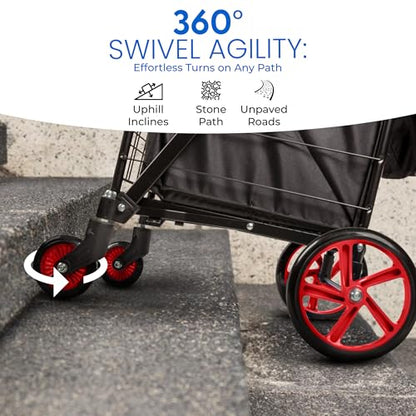 SereneLife Small Compact Folding Shopping Cart with Removable Waterproof Liner – 360° Swivel Wheels, Rust‑Proof Steel Frame, 70 lb Capacity – Portable Grocery, Laundry & Travel Cart (Red) - color: Red