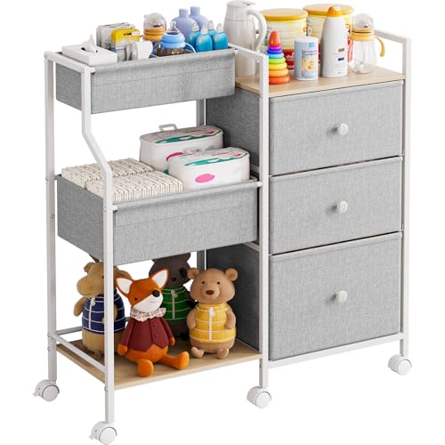 Modanais Baby Diaper Caddy Organizer Rolling Cart with Drawers, Light Gray | Detachable Dividers, 3 Tier Rolling Cart, Mobile Utility Cart with Wheels for Nursery, Bedroom, Changing Table & Crib - color: Light Gray