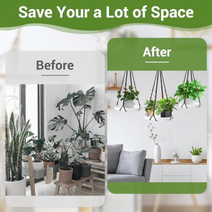 GREANER 2 Sets Hanging Plant Shelf, Black Indoor Hanging Plant Stand with Large Plastic Tray, Flower Pot Holder for Succulents, Cacti, Small Plants - color: White
