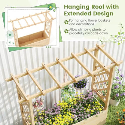 Giantex Raised Garden Bed with Sided Trellis & Hanging Roof, Wood Planter Box, Freestanding Garden Planter Raised Bed for Flowers Herbs Climbing Vines 45”x16”x41” (L x W x H) - color: Natural, size: 45”x16”x41”